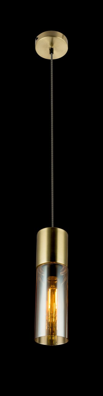 Hängeleuchte mit goldener Fassung und transparentem Glas, seitliche Perspektive