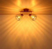 Zweiflammige Deckenleuchte im Industrial-Design mit zwei Drahtgitter-Lampenschirmen und warmem Licht, Aufnahme aus Untersicht (Blick nach oben)
