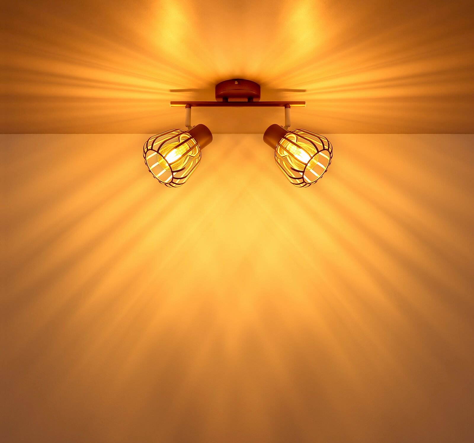 Zweiflammige Deckenleuchte im Industrial-Design mit zwei Drahtgitter-Lampenschirmen und warmem Licht, Aufnahme aus Untersicht (Blick nach oben)