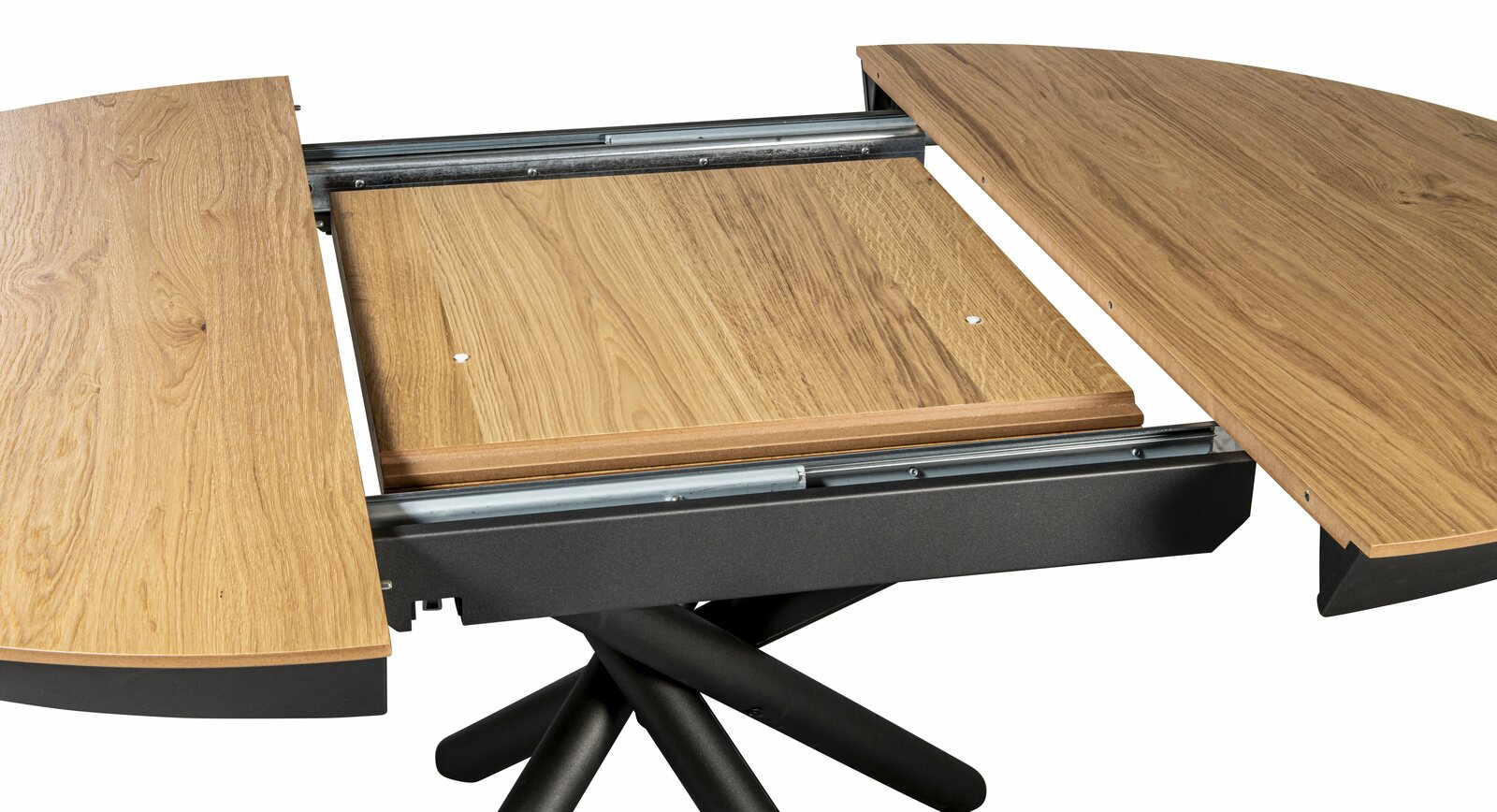 Erweiterbarer Esstisch aus Holz mit schwarzem Metallgestell, Perspektive von oben.