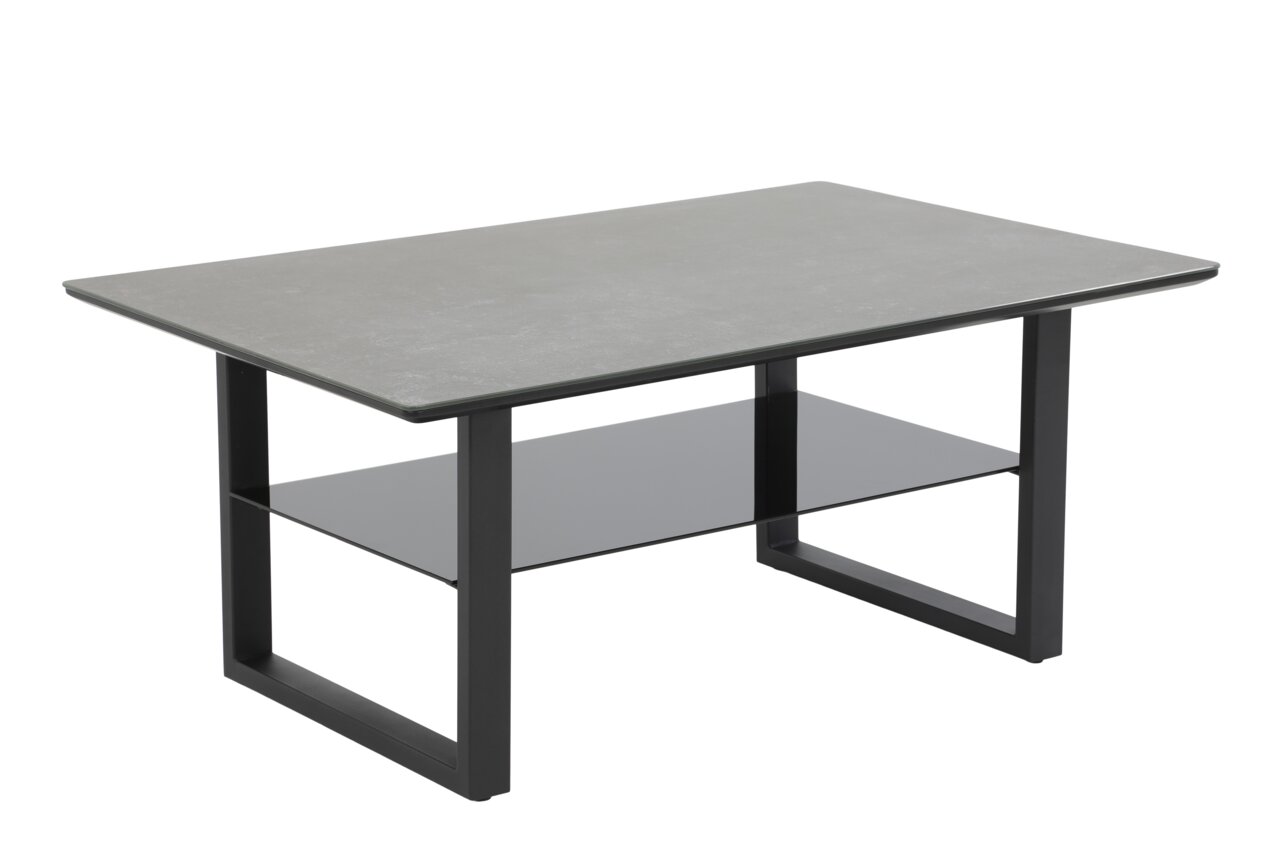 Moderner Couchtisch mit rechteckiger grauer Tischplatte und schwarzem Metallgestell, seitliche Perspektive.