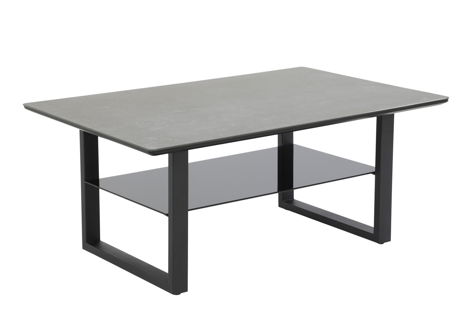 Moderner Couchtisch mit rechteckiger grauer Tischplatte und schwarzem Metallgestell, seitliche Perspektive.