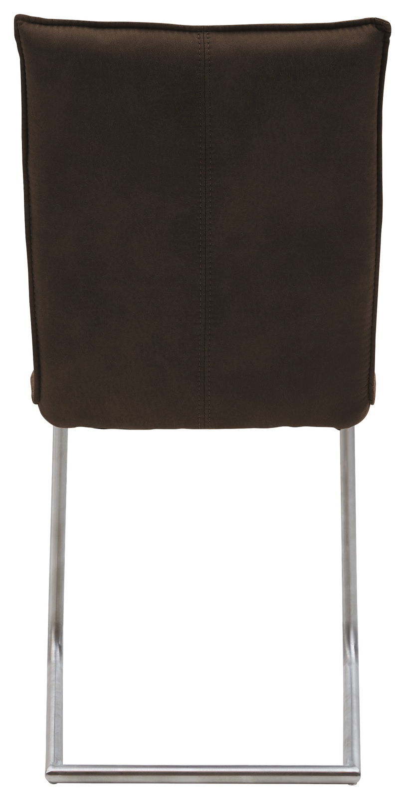 Rückansicht eines Freischwinger-Stuhls mit brauner Polsterung und Metallgestell.