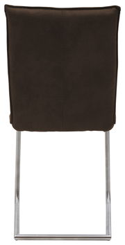 Rückansicht eines Freischwinger-Stuhls mit brauner Polsterung und Metallgestell.