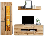 Frontale Ansicht der Wandkombination Linea Natura KELIO aus Holz mit Vitrine, TV-Board und Wandregal, dekoriert mit Pflanzen und Büchern.