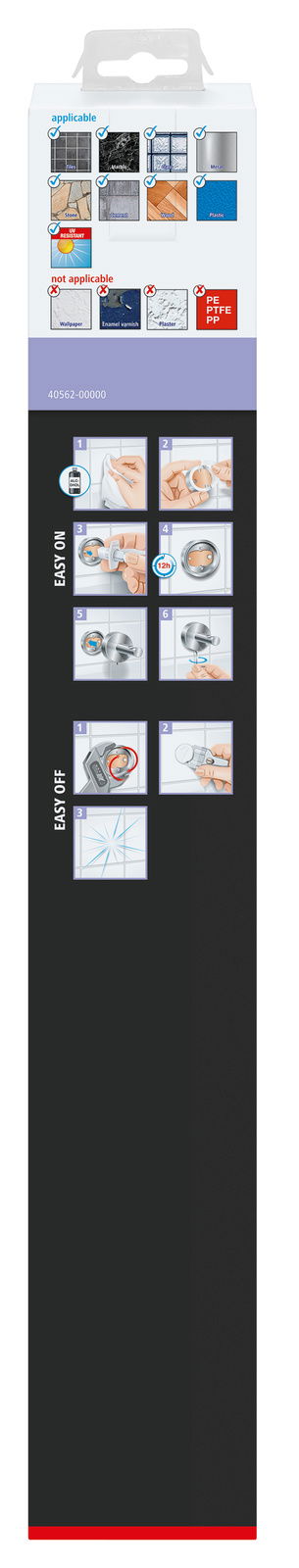 Verpackung des tesa MOON BLACK Handtuchhalters mit Anleitungen zur einfachen Montage und Demontage, geeignet für verschiedene Oberflächen wie Fliesen und Metall. Vorderansicht.