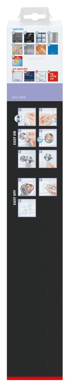 Verpakking van de tesa MOON BLACK handdoekhouder met instructies voor eenvoudige montage en demontage, geschikt voor verschillende oppervlakken zoals tegels en metaal. Vooraanzicht.