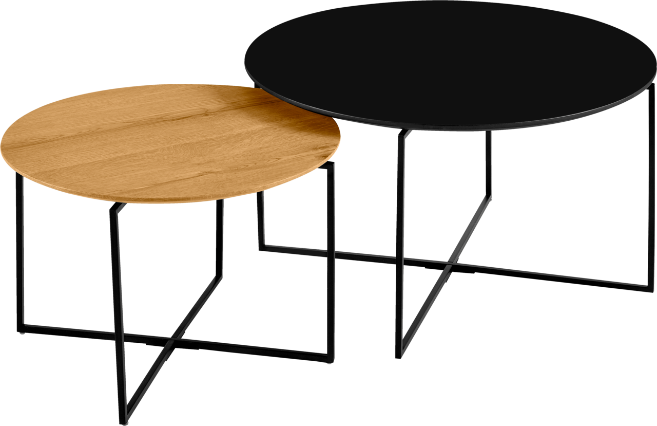 Z2 Couchtisch (Set) NICOLA Zwei runde Couchtische im Set, einer mit schwarzer Tischplatte und der andere mit Holzoptik, aus seitlicher Perspektive.