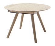 Runder Esstisch aus Holz mit vier schrägen Beinen, seitliche Perspektive