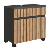 Waschbeckenunterschrank mit Holzlamellen-Design, seitliche Perspektive