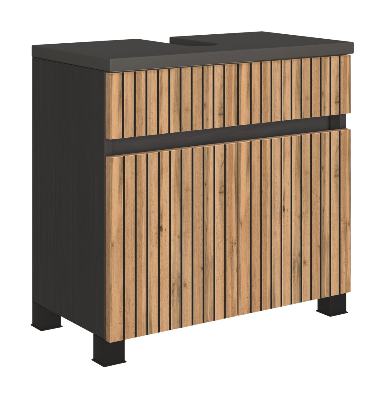 Waschbeckenunterschrank mit Holzlamellen-Design, seitliche Perspektive