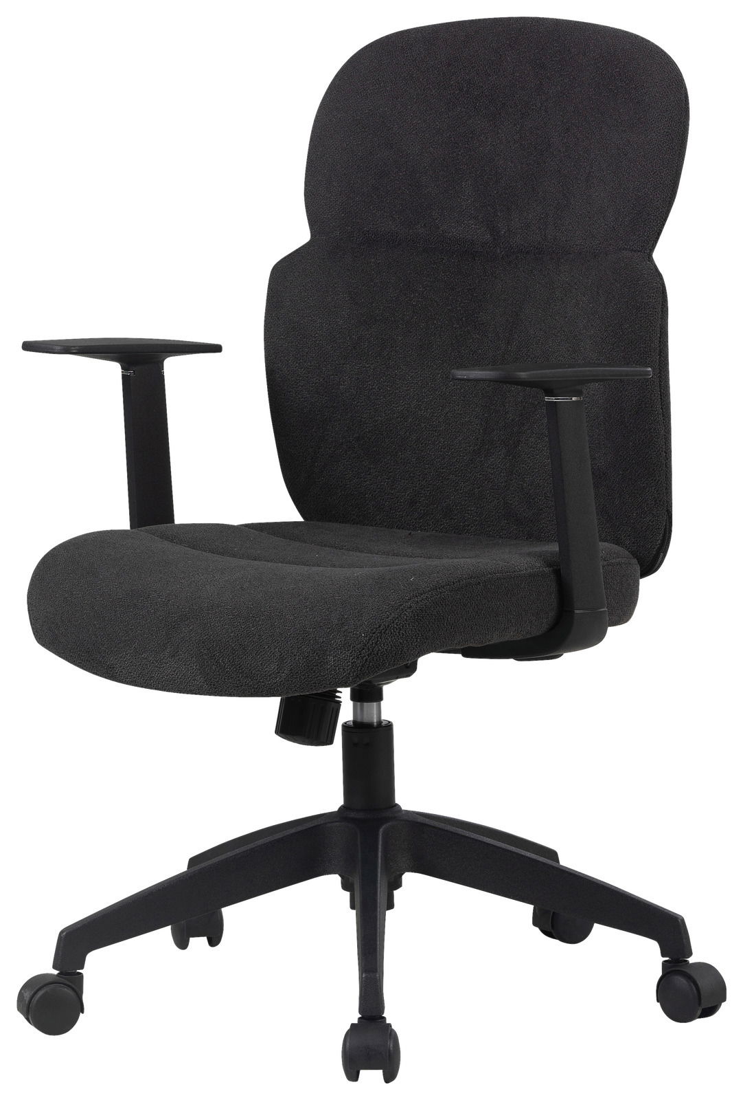 Schwarzer Drehstuhl mit Armlehnen, seitliche Perspektive