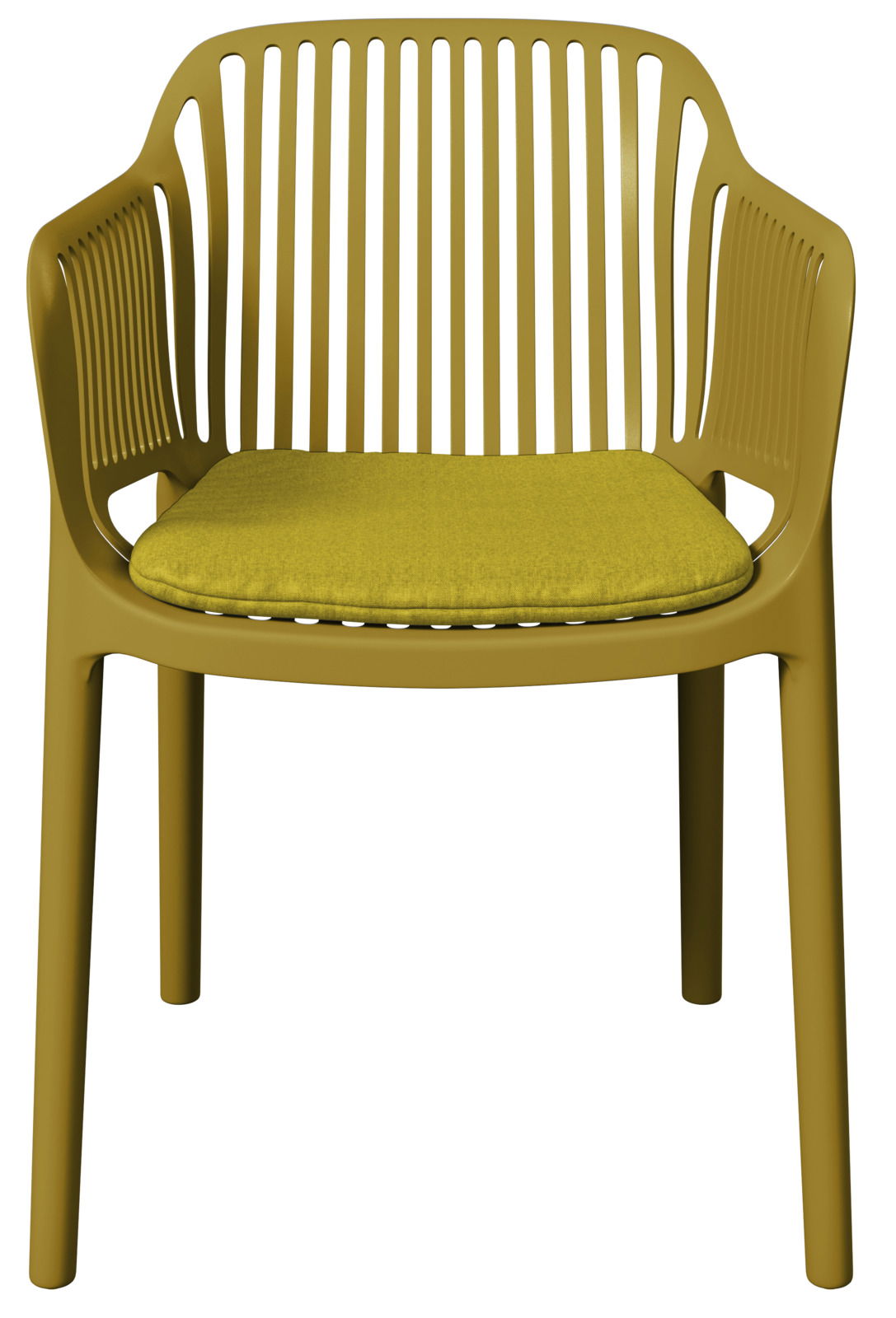 Moderner Stapelsessel mit gelbem Sitzkissen, Frontalansicht