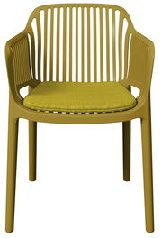 Moderner Stapelsessel mit gelbem Sitzkissen, Frontalansicht