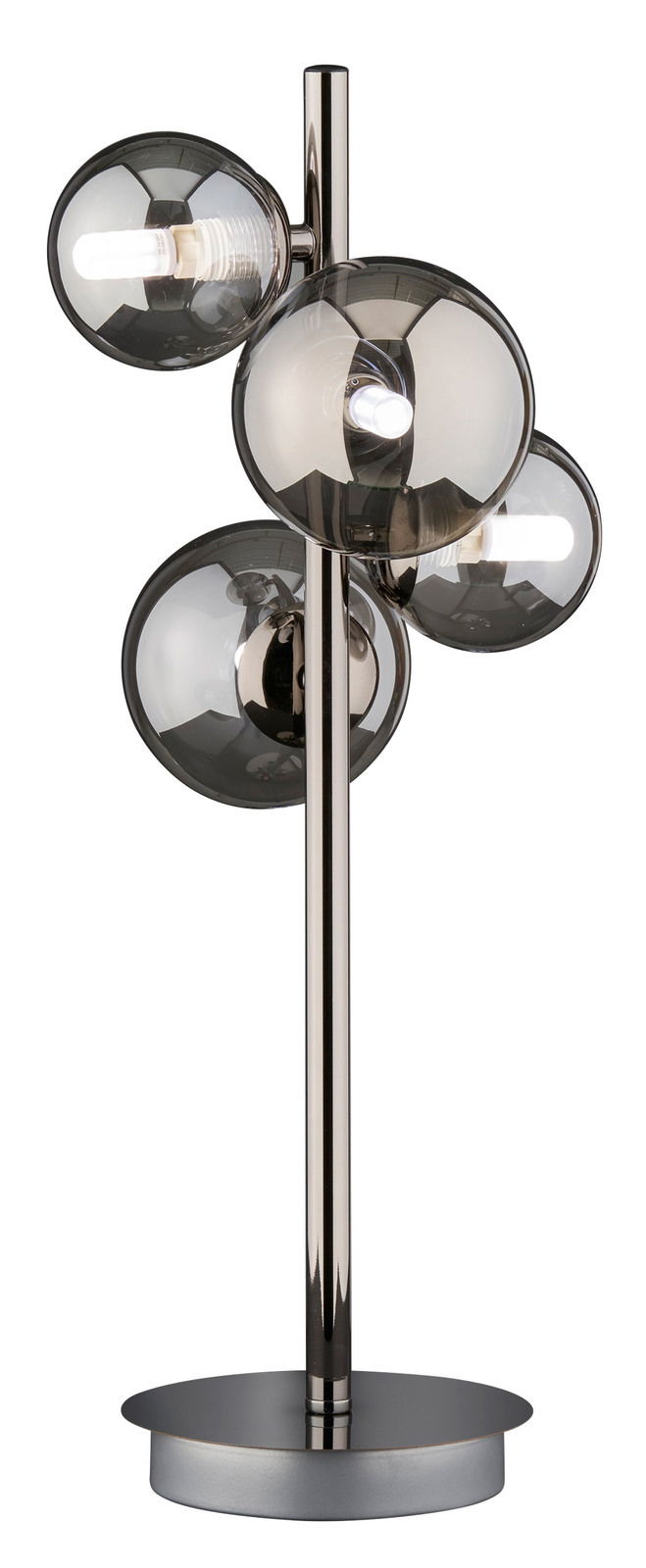 Moderne Tischleuchte mit mehreren rauchgrauen Glaskugeln auf einem verchromten Ständer, seitliche Perspektive