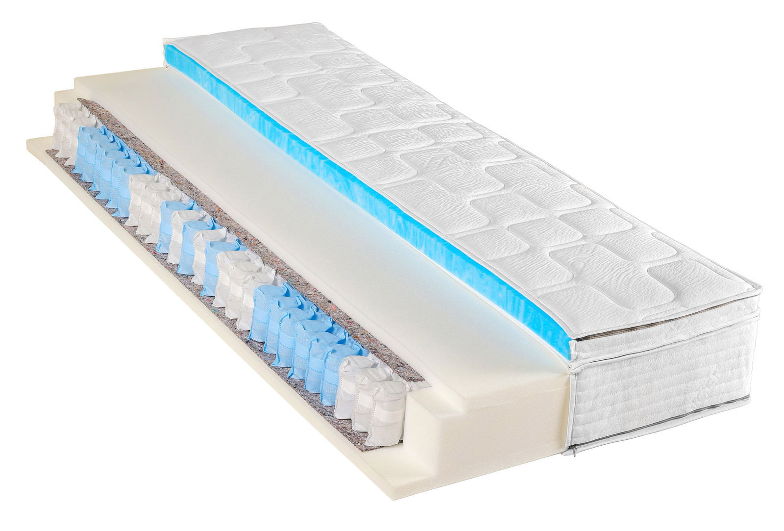Sleeptex Taschenfederkernmatratze H3 GRAND T PLUS Querschnitt einer Taschenfederkernmatratze H3 mit sichtbaren Schichten und Federn, seitliche Perspektive