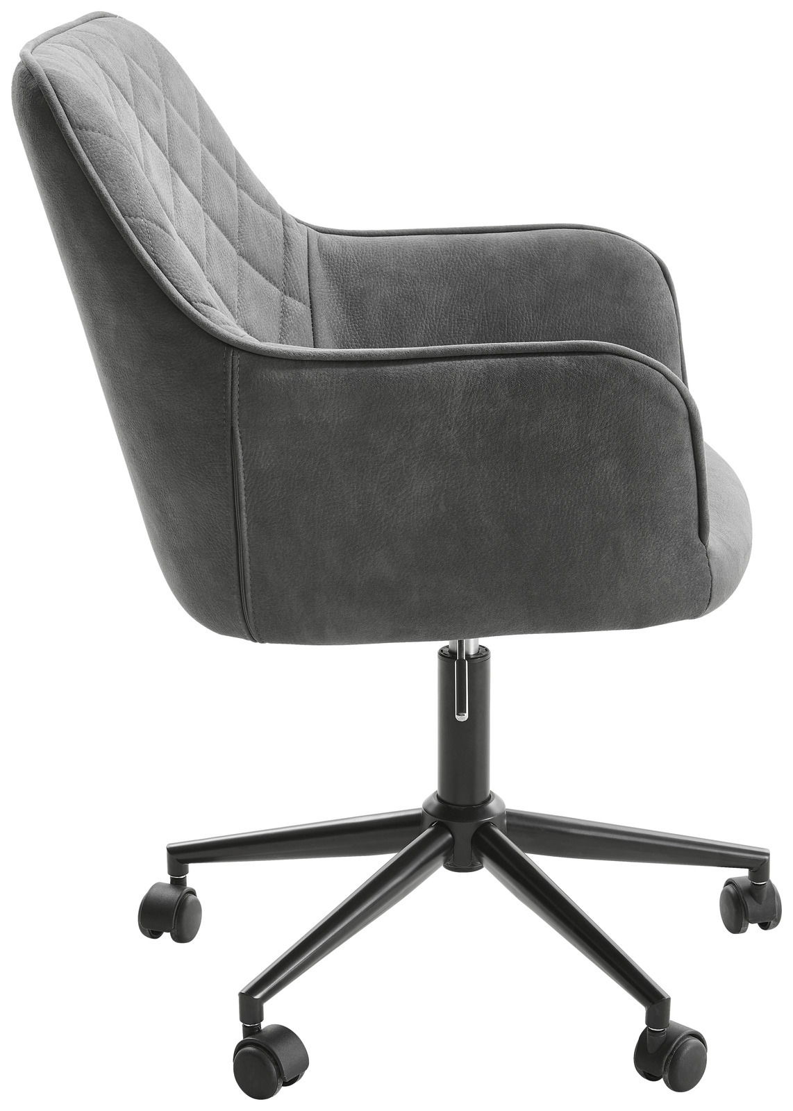 Grauer Drehstuhl mit gepolsterter Rückenlehne und Armlehnen, seitliche Perspektive