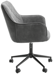 Grauer Drehstuhl mit gepolsterter Rückenlehne und Armlehnen, seitliche Perspektive