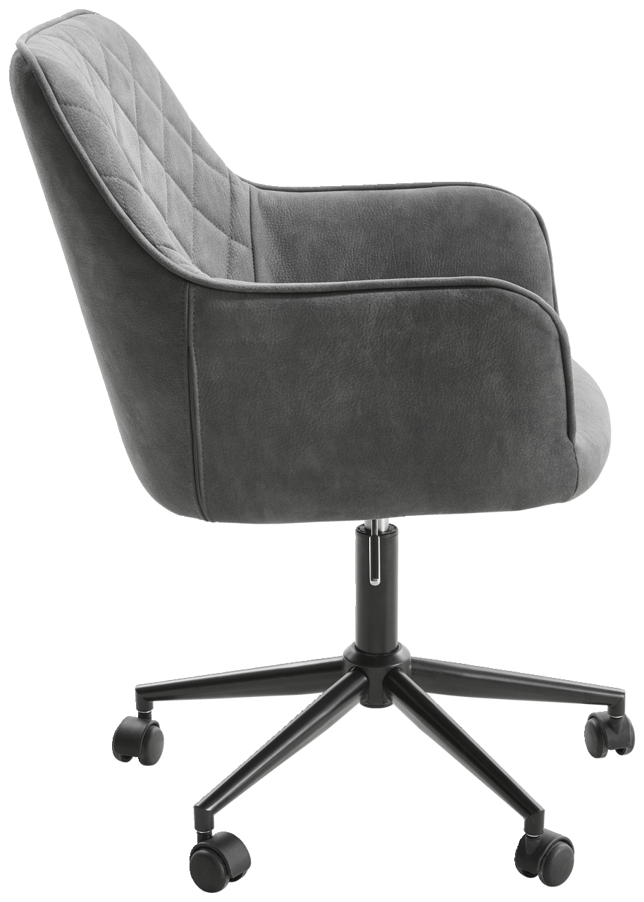 Grauer Drehstuhl mit gepolsterter Rückenlehne und Armlehnen, seitliche Perspektive