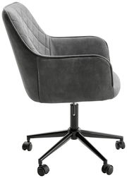 Grauer Drehstuhl mit gepolsterter Rückenlehne und Armlehnen, seitliche Perspektive