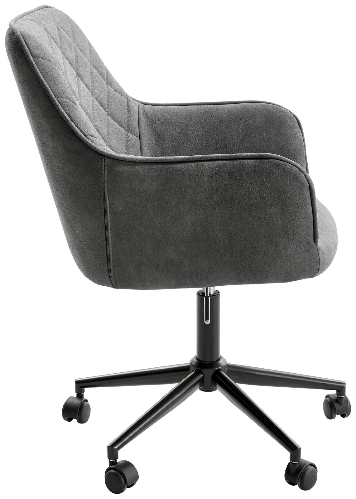 Grauer Drehstuhl mit gepolsterter Rückenlehne und Armlehnen, seitliche Perspektive