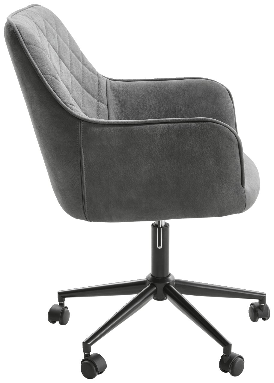 Grauer Drehstuhl mit gepolsterter Rückenlehne und Armlehnen, seitliche Perspektive