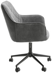 Grauer Drehstuhl mit gepolsterter Rückenlehne und Armlehnen, seitliche Perspektive