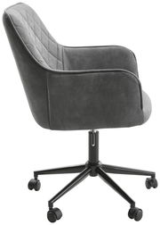 Grauer Drehstuhl mit gepolsterter Rückenlehne und Armlehnen, seitliche Perspektive
