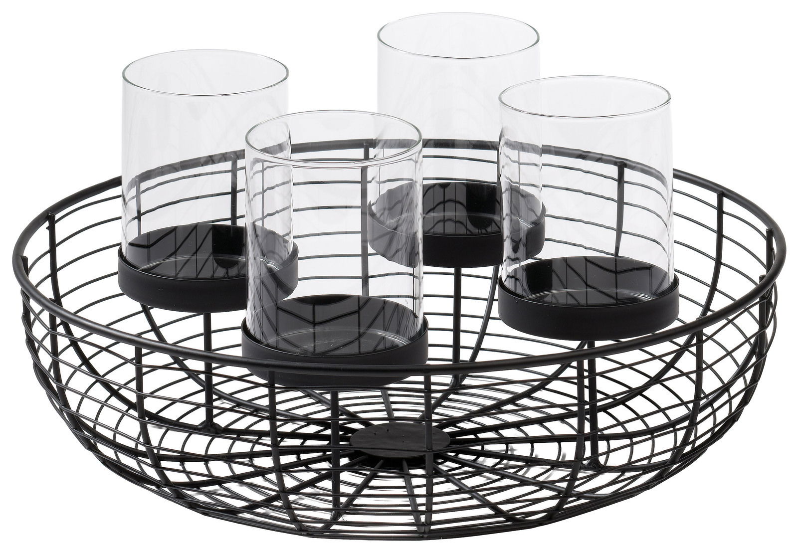 Runder Dekokranz aus schwarzem Metall mit vier transparenten Glaszylindern, seitliche Perspektive