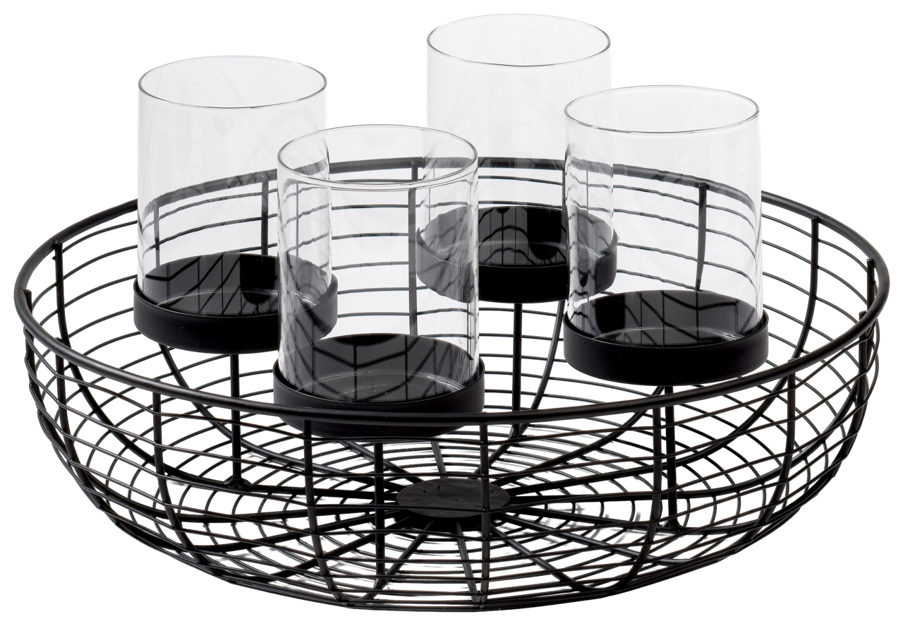 Runder Dekokranz aus schwarzem Metall mit vier transparenten Glaszylindern, seitliche Perspektive