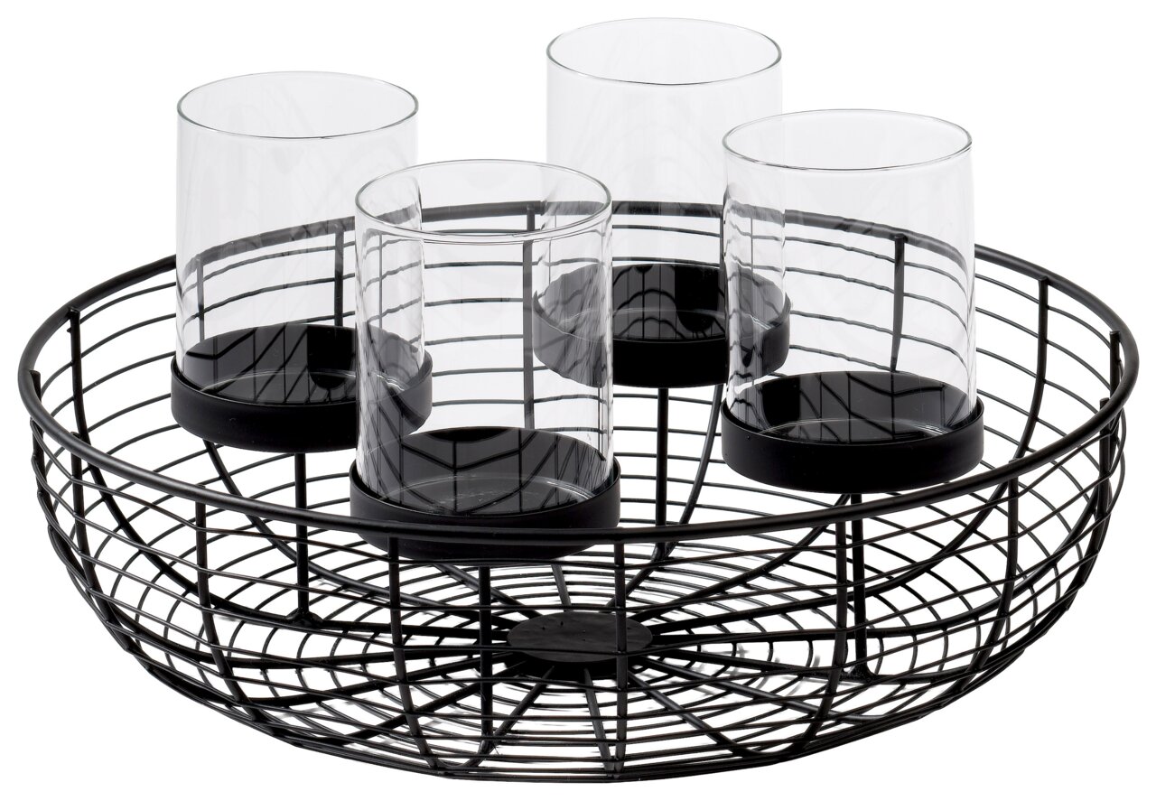 Runder Dekokranz aus schwarzem Metall mit vier transparenten Glaszylindern, seitliche Perspektive