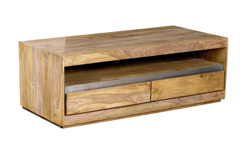 Landscape TV-Lowboard SELONG TV-Element aus Holz mit zwei Schubladen und einem offenen Fach, Perspektive von vorne rechts