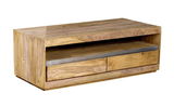 TV-Element aus Holz mit zwei Schubladen und einem offenen Fach, Perspektive von vorne rechts