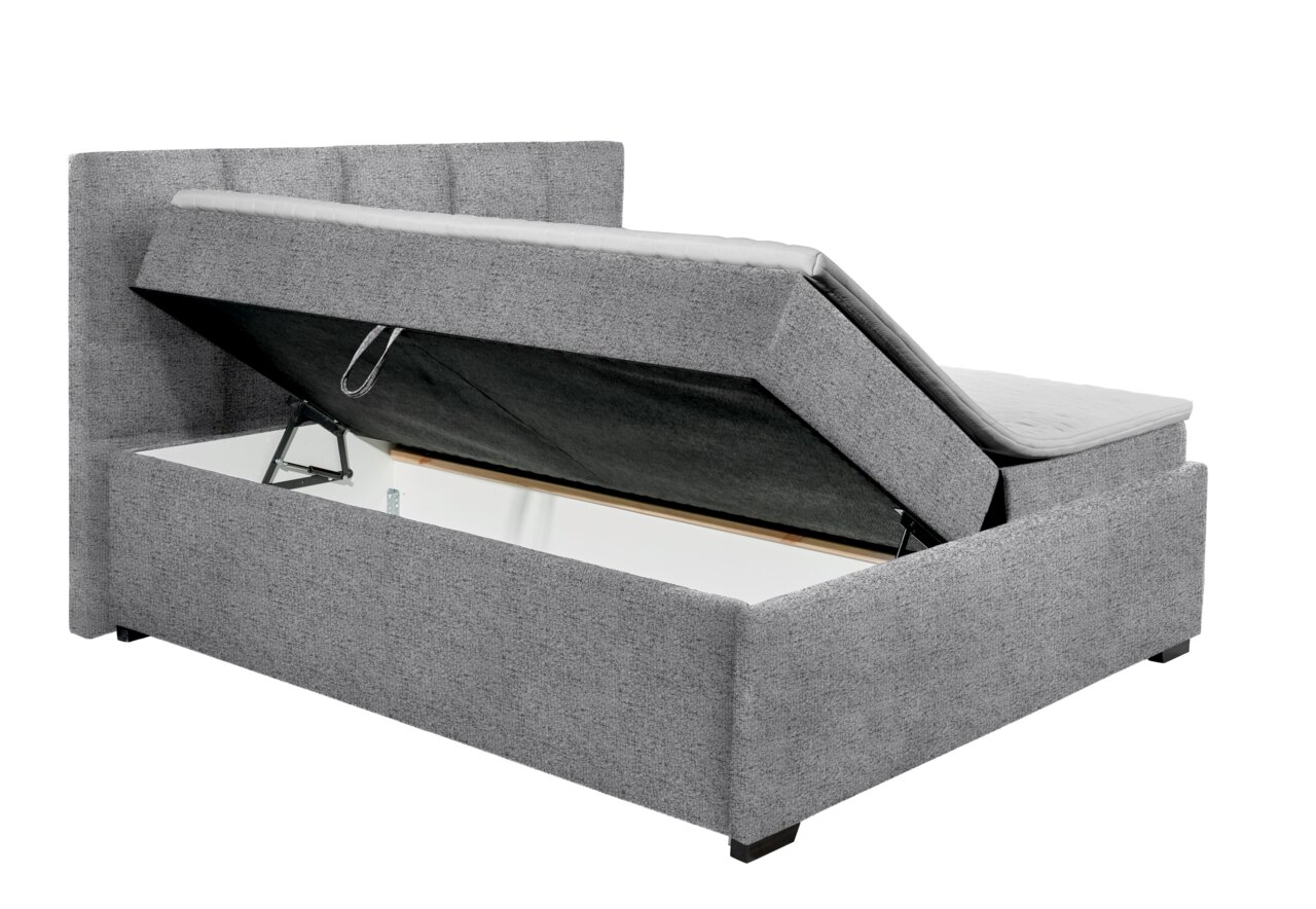 Graues Polsterbett mit hochgeklappter Matratze und sichtbarem Stauraum, seitliche Perspektive