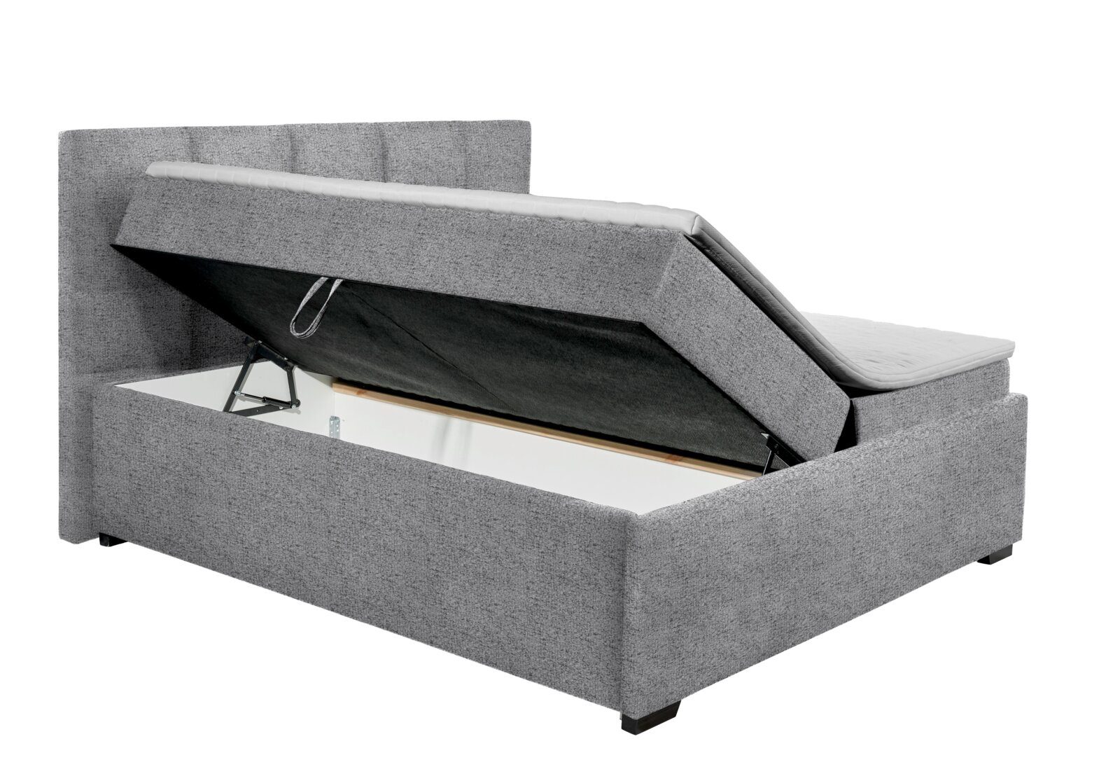 Graues Polsterbett mit hochgeklappter Matratze und sichtbarem Stauraum, seitliche Perspektive