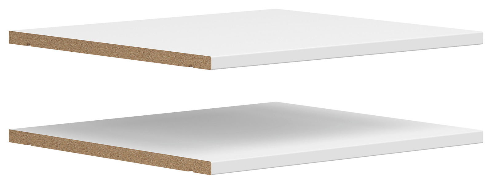 Zwei weiße Einlegeböden aus Holzwerkstoff, schwebend übereinander, seitliche Perspektive