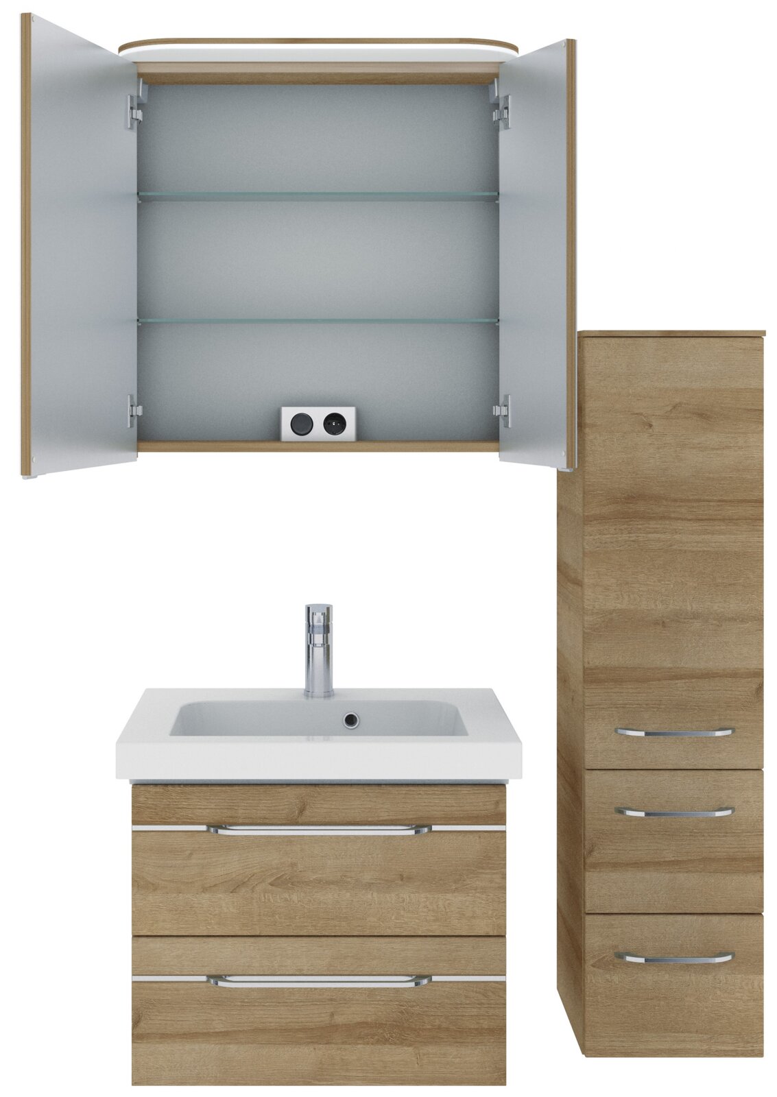 Badezimmermöbel-Set in Holzoptik mit Waschbecken, Unterschrank, Hochschrank und Spiegelschrank, frontale Ansicht