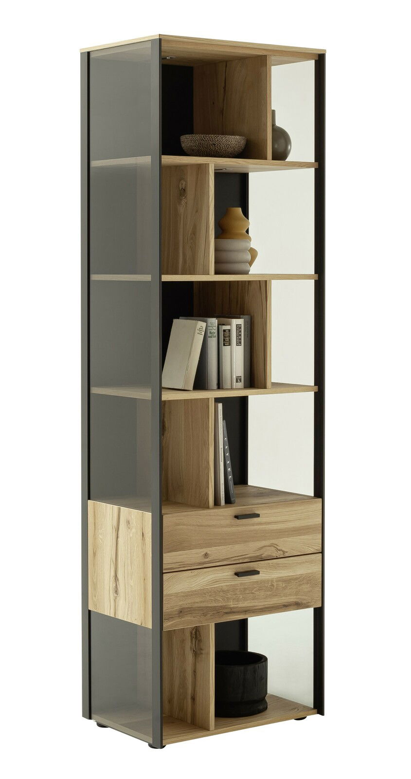 Modernes Regal aus Holz und Metall mit mehreren Fächern und Schubladen, seitliche Perspektive