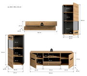Bemaßte Produktgrafik eines Wohnmöbel-Sets in Holzoptik mit dunklem Korpus: Wandboard (ca. 125×34×25 cm), Lowboard (ca. 156×47×40 cm) und Hochschrank/Vitrine (ca. 55×110×34 cm) mit offenen Fächern und Türen, dargestellt in Frontansicht mit leicht geöffnet