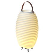 Akkubetriebene Leuchte und Lautsprecher in einem, mit geriffeltem Design und Ledergriff, seitliche Perspektive