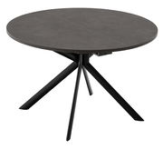 Runder Esstisch mit dunkler Tischplatte und schwarzem, modernem Metallgestell, seitliche Perspektive