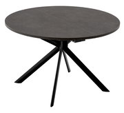 Runder Esstisch mit dunkler Tischplatte und schwarzem, modernem Metallgestell, seitliche Perspektive