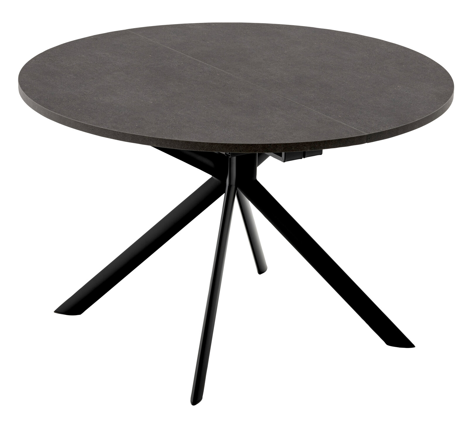 Runder Esstisch mit dunkler Tischplatte und schwarzem, modernem Metallgestell, seitliche Perspektive