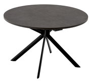 Runder Esstisch mit dunkler Tischplatte und schwarzem, modernem Metallgestell, seitliche Perspektive