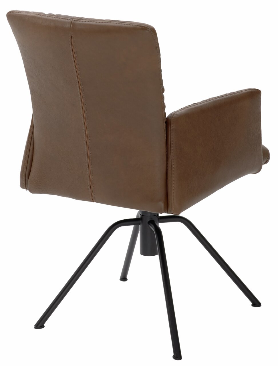 Rückansicht eines braunen Sessels mit schwarzem Metallgestell und vier Beinen.