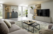 Moderne Wohnzimmeransicht mit einer eleganten Wandkombination, bestehend aus einem TV-Schrank und Hängeschränken in neutralen Tönen, dekoriert mit Pflanzen und Kunstwerken. Perspektive von der Sofaecke aus.