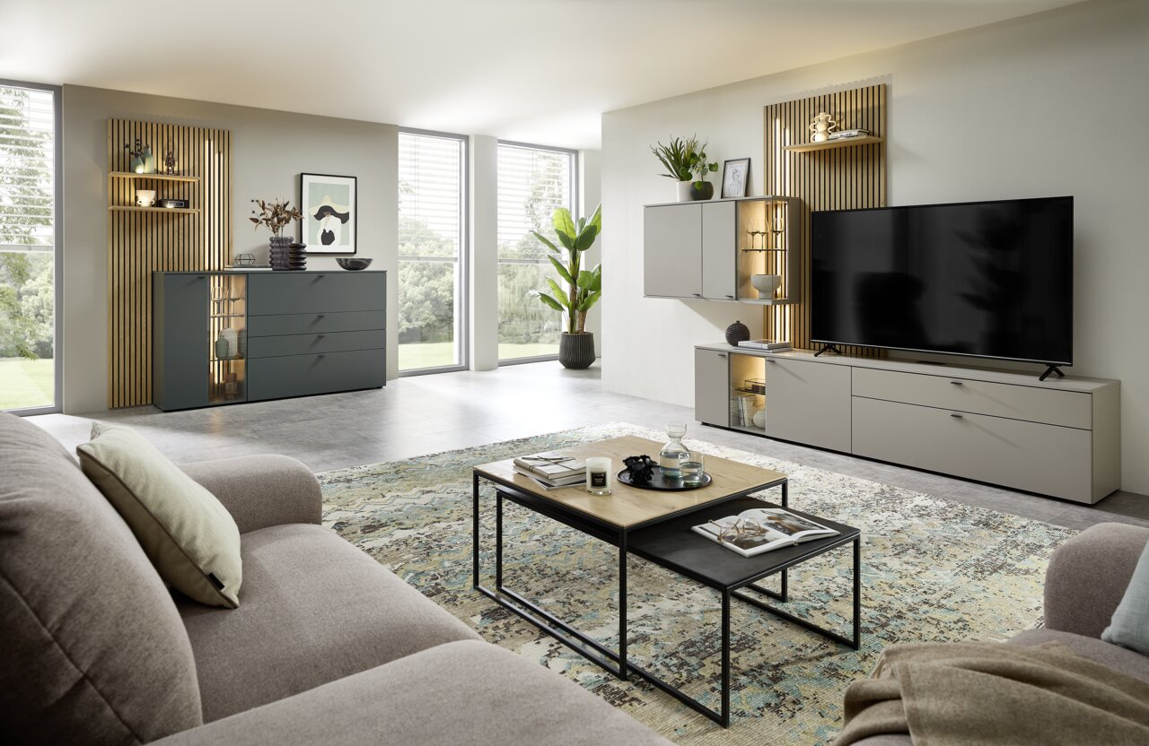 Moderne Wohnzimmeransicht mit einer eleganten Wandkombination, bestehend aus einem TV-Schrank und Hängeschränken in neutralen Tönen, dekoriert mit Pflanzen und Kunstwerken. Perspektive von der Sofaecke aus.