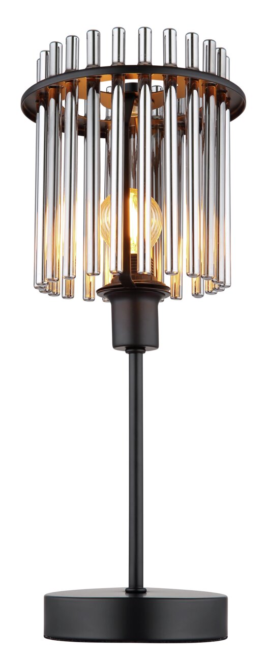 Moderne Tischleuchte GORLEY mit zylindrischem Design und Metallstäben, frontal abgebildet.