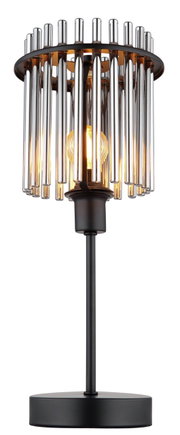 Moderne Tischleuchte GORLEY mit zylindrischem Design und Metallstäben, frontal abgebildet.