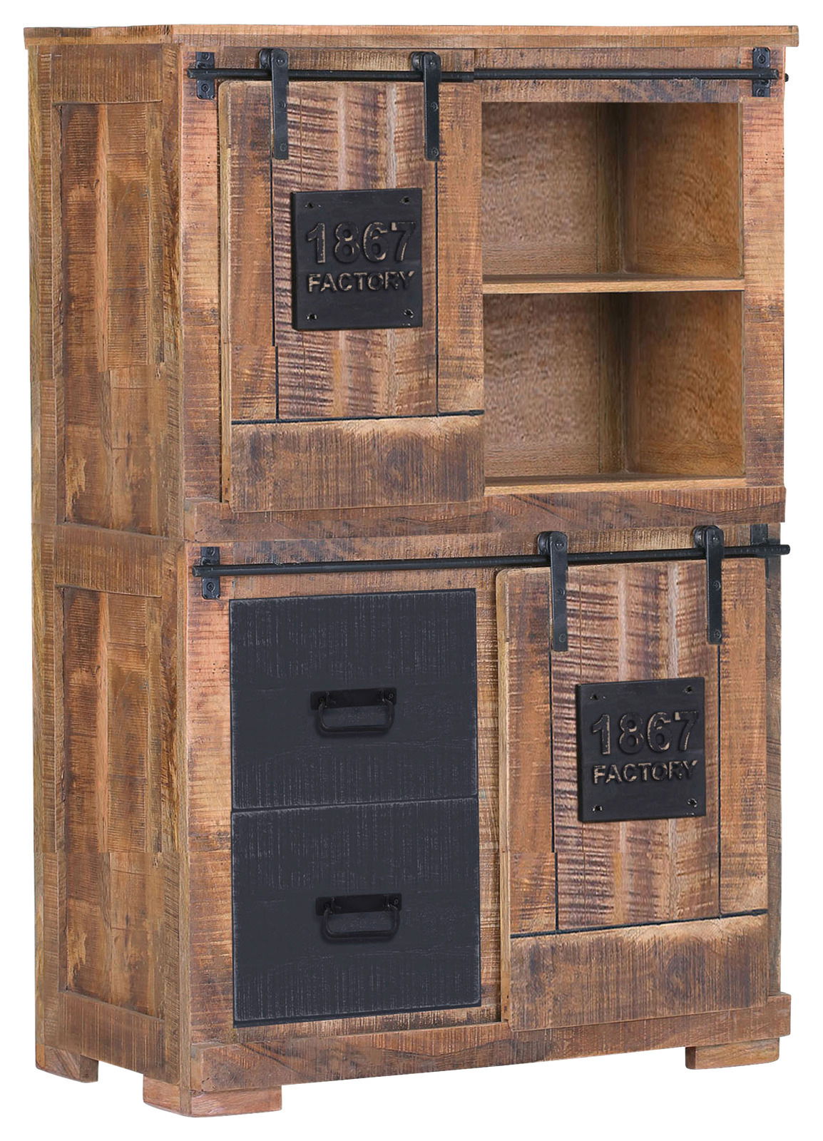 Rustikales Highboard aus Holz mit Schiebetüren und Schubladen, seitliche Perspektive